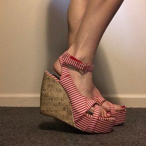 Red and White Striped Platform Wedges
